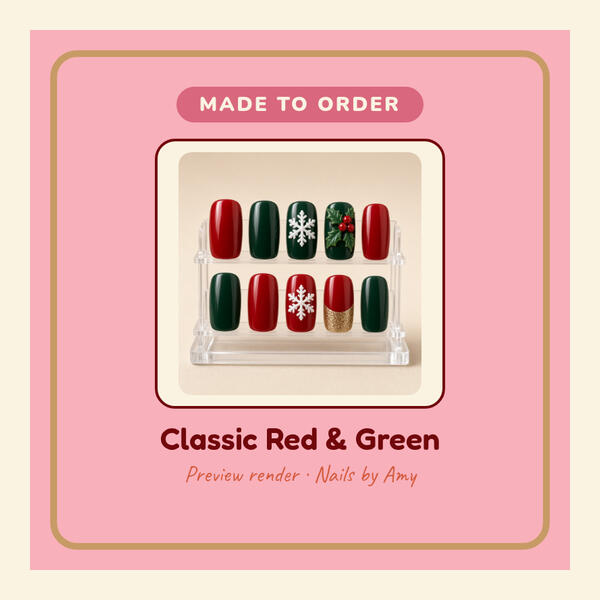 Classic Red and Green press-on nails Preview render: Classic Red and Green 3D-printed press-on nails