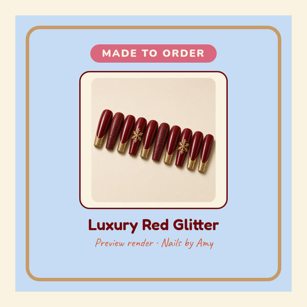 Luxury Red Glitter press-on nails Preview render: Luxury Red Glitter 3D-printed press-on nails