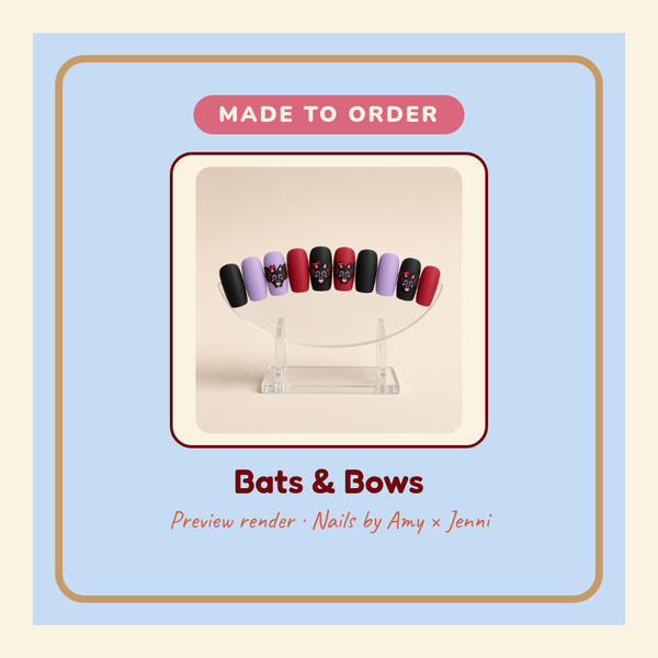 Bats & Bows Preview render: Bats and Bows 3D-printed press-on nails
