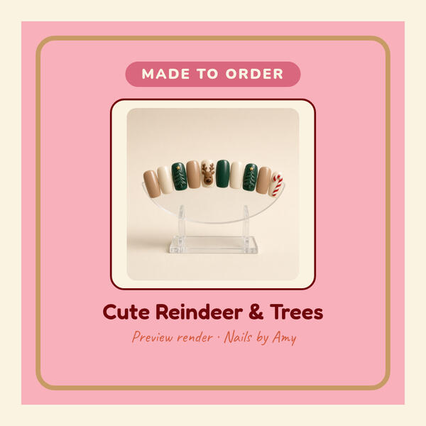 Cute Reindeer and Trees press-on nails Preview render: Cute Reindeer and Trees 3D-printed press-on nails