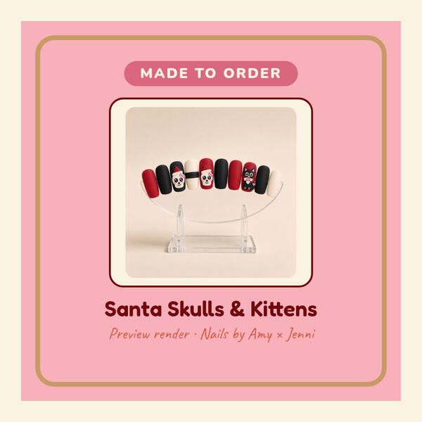 Santa Skulls & Kittens Preview render: Santa Skulls and Kittens 3D-printed press-on nails