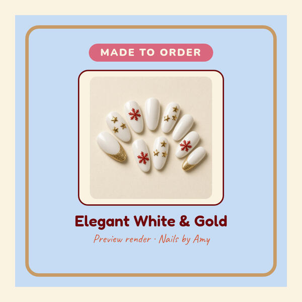 Elegant White and Gold press-on nails Preview render: Elegant White and Gold 3D-printed press-on nails